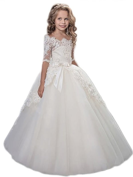 Off-the-Shoulder Applique Ball Floor-Length Gown Tulle Short Sleeves Flower Girl Dresses