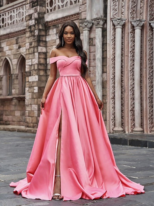 Satin Sleeveless Ruffles A-Line/Princess Off-the-Shoulder Court Train Dresses