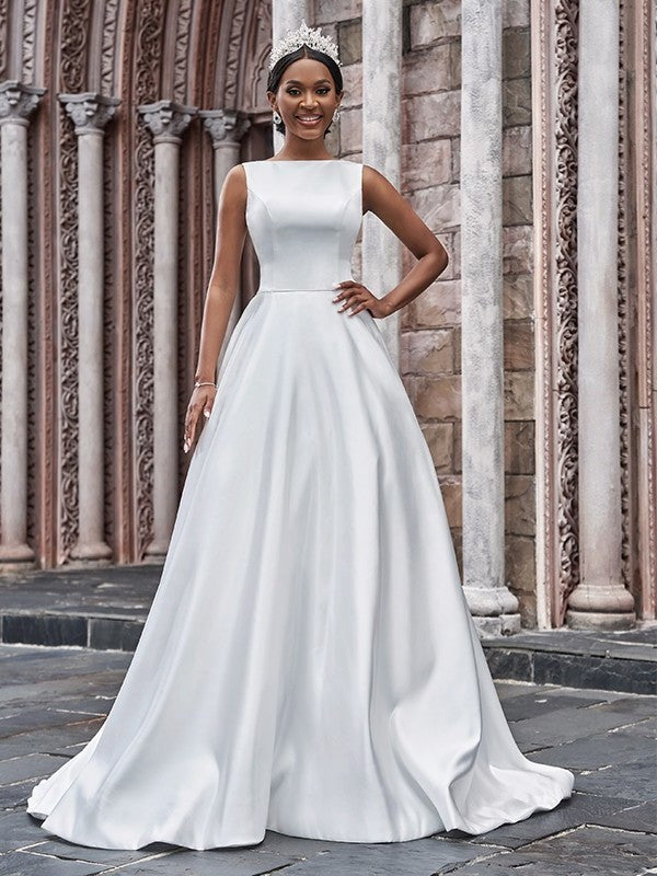 Sleeveless A-Line/Princess Bateau Satin Sweep/Brush Ruffles Train Wedding Dresses