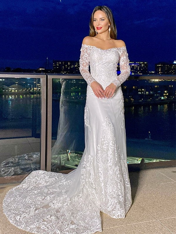 Sheath/Column Off-the-Shoulder Long Lace Court Sleeves Train Wedding Dresses