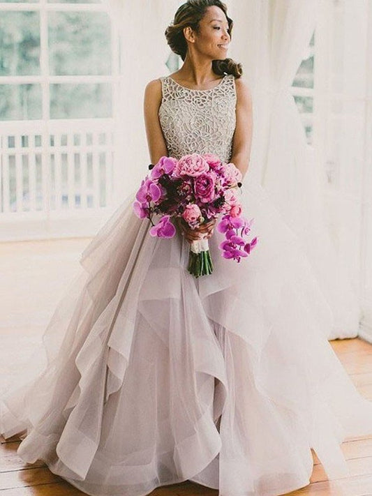 Gown Train Beading Scoop Sleeveless Ball Sweep/Brush Tulle Wedding Dresses