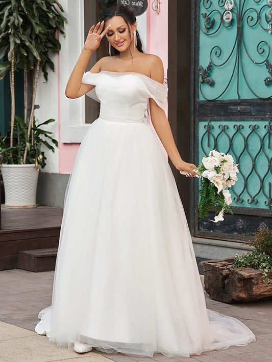 Sweep/Brush Sleeveless Off-the-Shoulder Ruffles A-Line/Princess Tulle Train Wedding Dresses