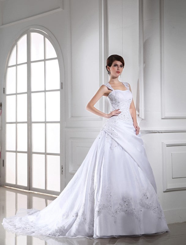 Sleeveless Satin Gown Ball Beading Long Organza Wedding Dresses