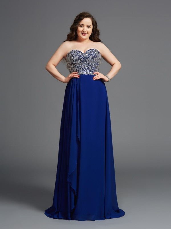 Chiffon Long Sleeveless Rhinestone Sweetheart A-Line/Princess Plus Size Dresses