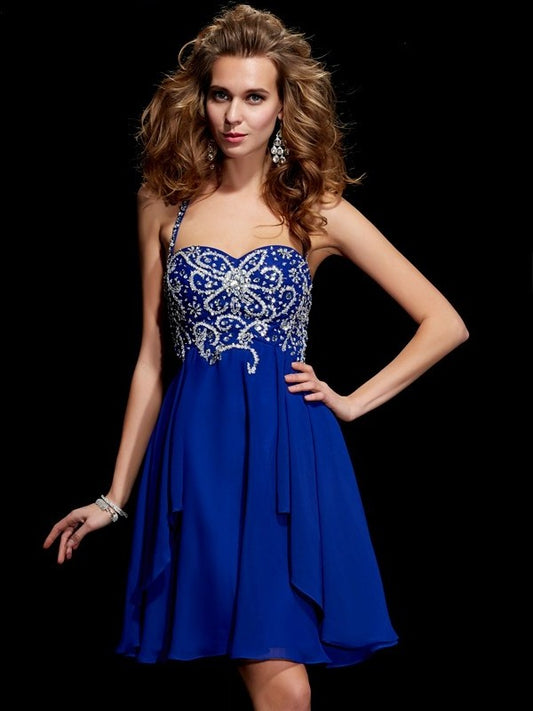 A-Line/Princess Short Sleeveless Beading Halter Chiffon Homecoming Dresses