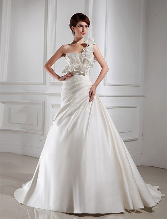 One-shoulder Hand-made Flower A-Line/Princess Sleeveless Satin Wedding Dresses