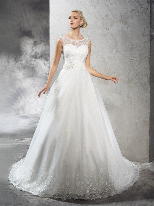 Gown Neck Ball Sleeveless Sash/Ribbon/Belt Long Sheer Net Wedding Dresses