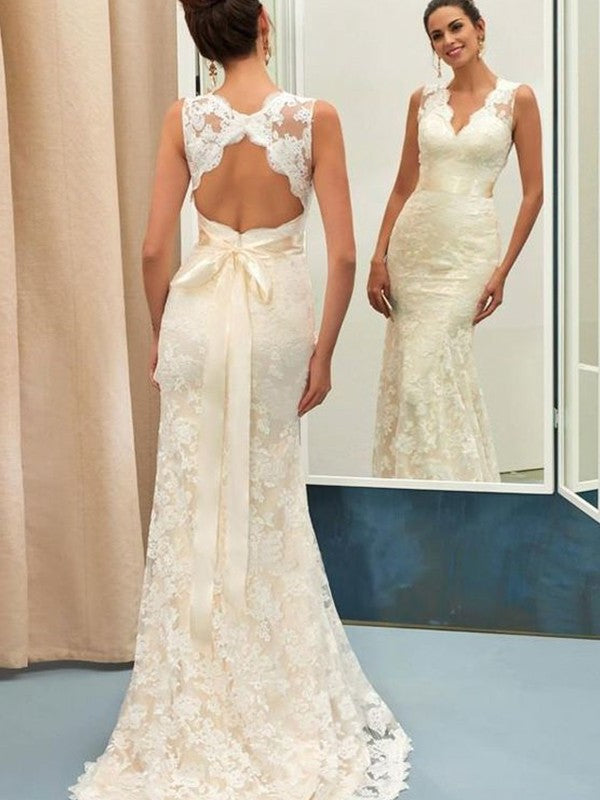 Sleeveless Trumpet/Mermaid Sweep/Brush V-neck Sash/Ribbon/Belt Lace Train Wedding Dresses