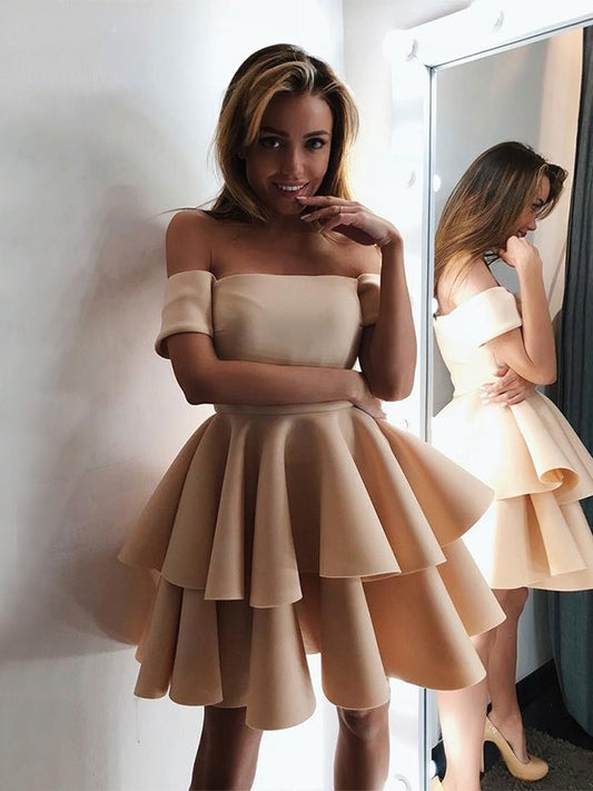 Layers Sleeveless Off-the-Shoulder A-Line/Princess Satin Short/Mini Homecoming Dresses