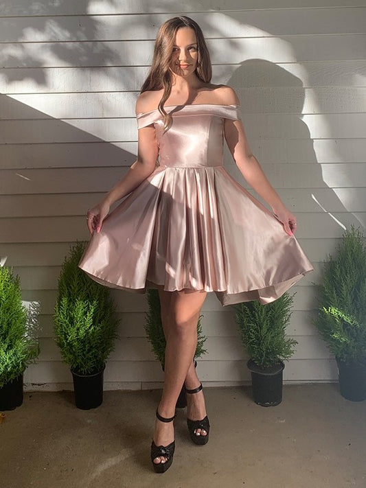 Satin Sleeveless A-Line/Princess Off-the-Shoulder Ruffles Short/Mini Homecoming Dresses