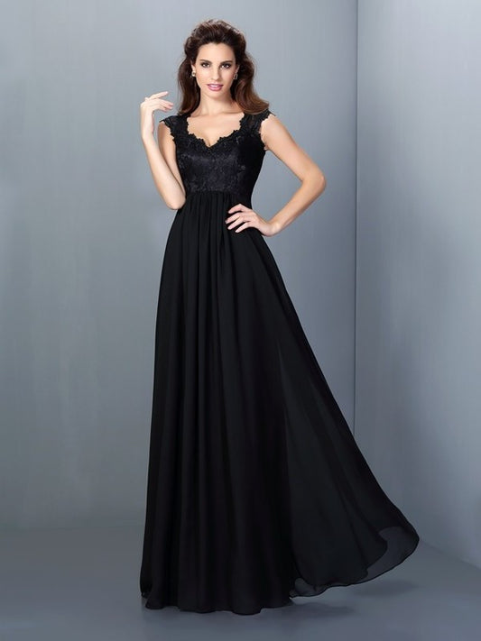 A-Line/Princess Long Scoop Lace Sleeveless Chiffon Bridesmaid Dresses