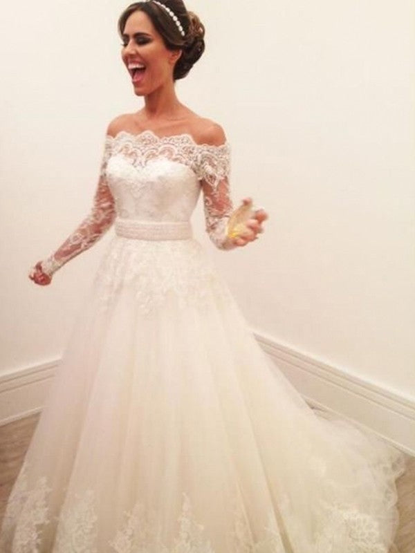 A-Line/Princess Lace Train Off-the-Shoulder Long Sleeves Sweep/Brush Tulle Wedding Dresses