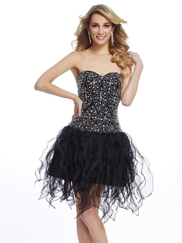 Short Sleeveless Sheath/Column Beading Sweetheart Organza Homecoming Dresses