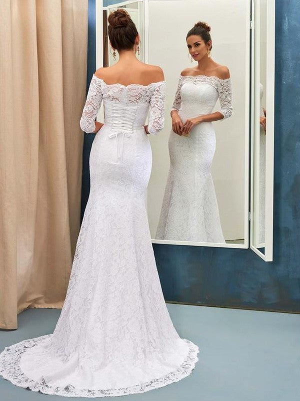 Trumpet/Mermaid 1/2 Sleeves Sweep/Brush Lace Off-the-Shoulder Train Wedding Dresses