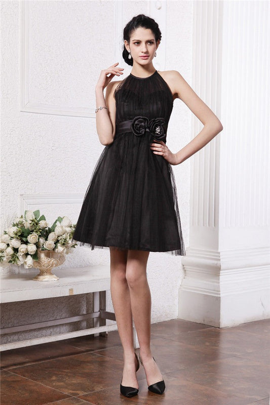 A-Line/Princess Scoop Sleeveless Leilani Hand-Made Flower Short Net Homecoming Dresses Cocktail Dresses