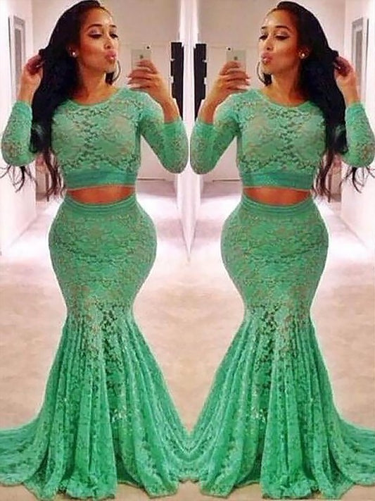 Scoop Ruffles Long Lace Trumpet/Mermaid Sweep/Brush Train Sleeves Two Piece Dresses