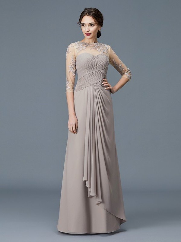 A-Line/Princess Sleeves Neck Floor-Length Chiffon of 3/4 Sheer Ruffles Mother the Bride Dresses