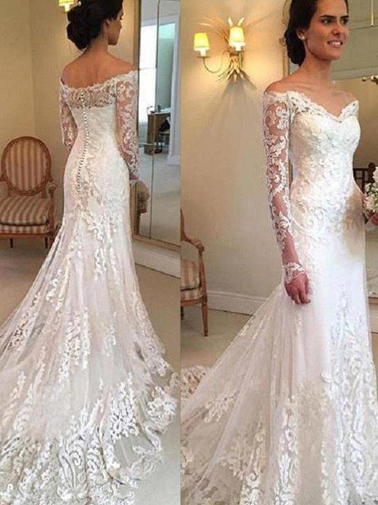 Train Trumpet/Mermaid Off-the-Shoulder Court Long Applique Sleeves Lace Wedding Dresses