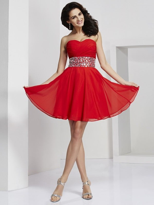 Short Rhinestone Sleeveless A-Line/Princess Sweetheart Chiffon Homecoming Dresses