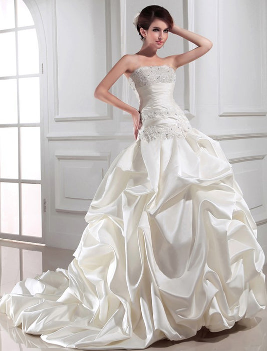 Long Sleeveless Beading Strapless Gown Ball Satin Wedding Dresses