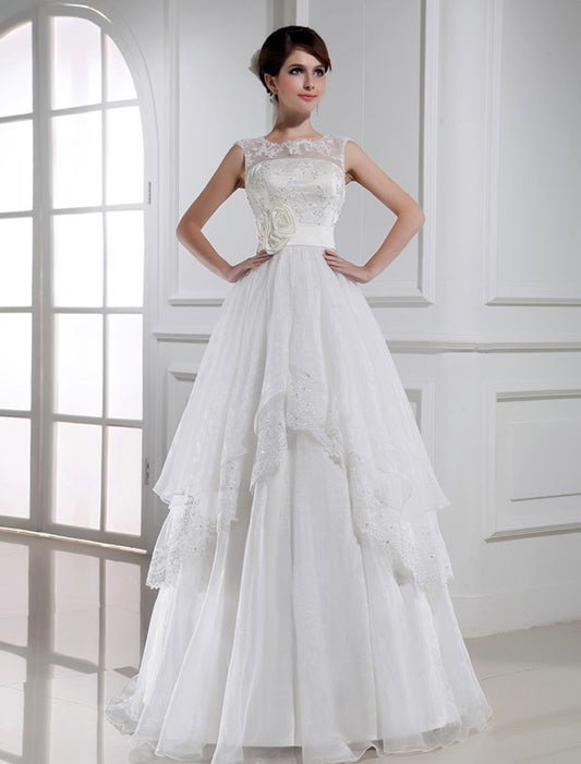 Sleeveless Long A-Line/Princess Beading Lace Organza Wedding Dresses