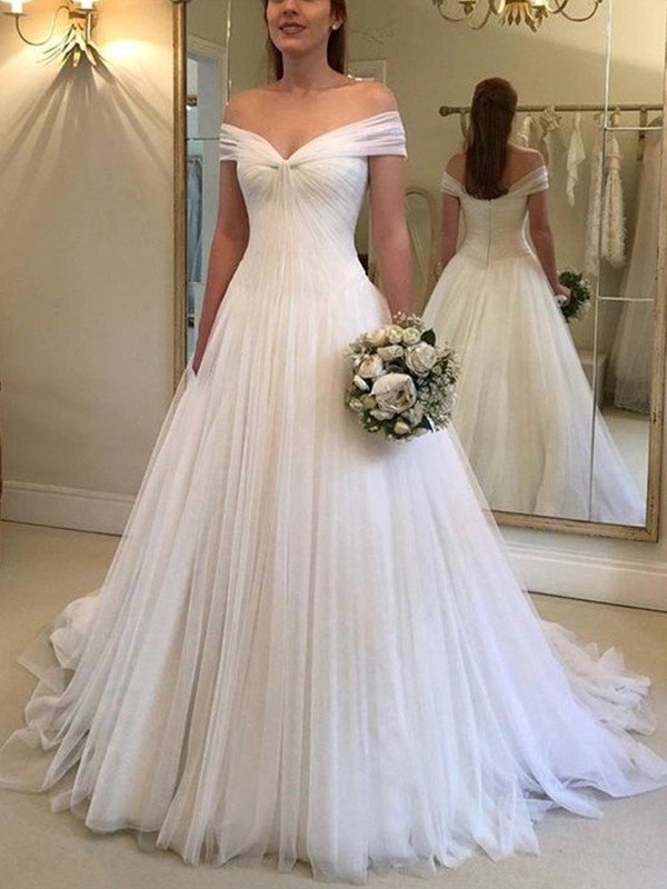 Sweep/Brush Ruched Train Off-the-Shoulder A-Line/Princess Sleeveless Tulle Wedding Dresses