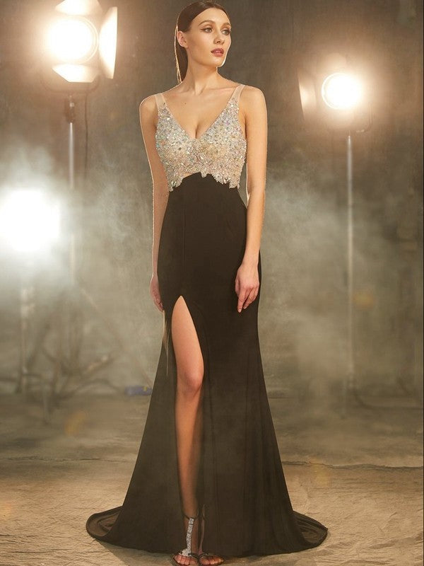 Beading V-neck Sleeveless Sweep/Brush Sheath/Column Train Spandex Dresses