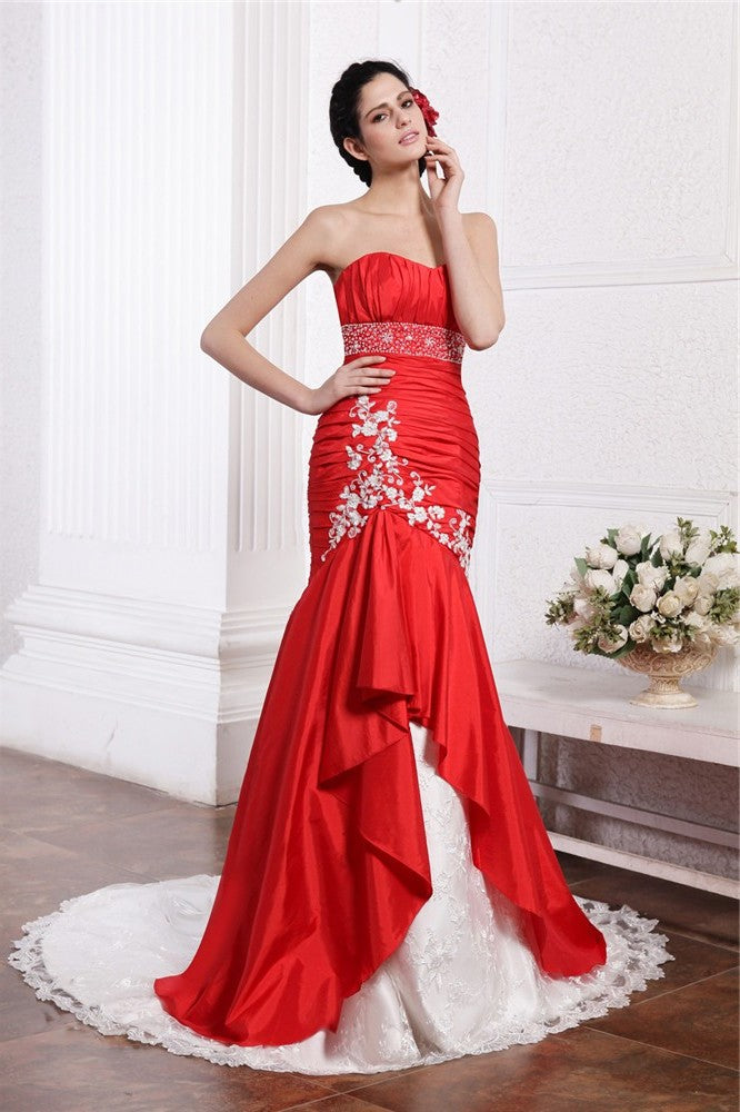 Lace Sleeveless Applique Long Beading Trumpet/Mermaid Strapless Taffeta Wedding Dresses