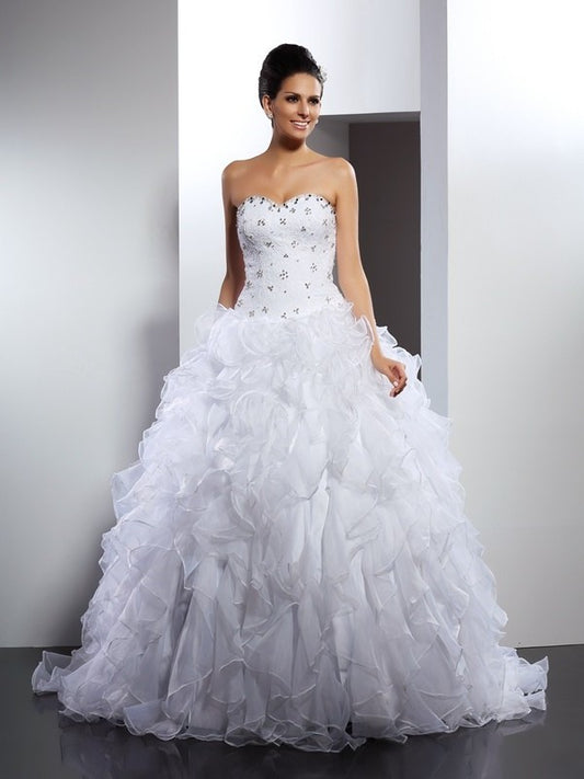 Gown Sleeveless Long Ball Sweetheart Ruffles Satin Wedding Dresses