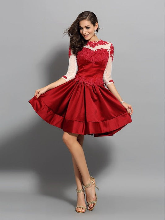 A-Line/Princess High Neck Applique 1/2 Homecoming Dresses Sleeves Leticia Short Satin Cocktail Dresses