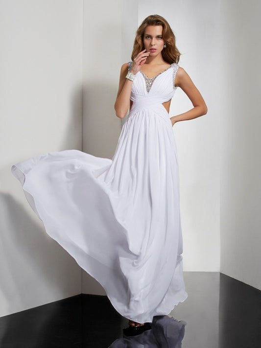 Sleeveless Beading A-Line/Princess Straps Long Chiffon Dresses