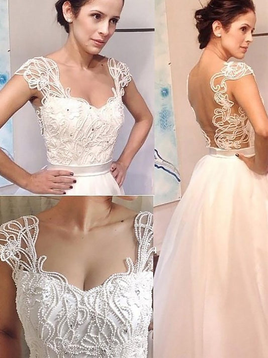 Tulle Sweetheart Train A-Line/Princess Sweep/Brush Sleeveless Wedding Dresses