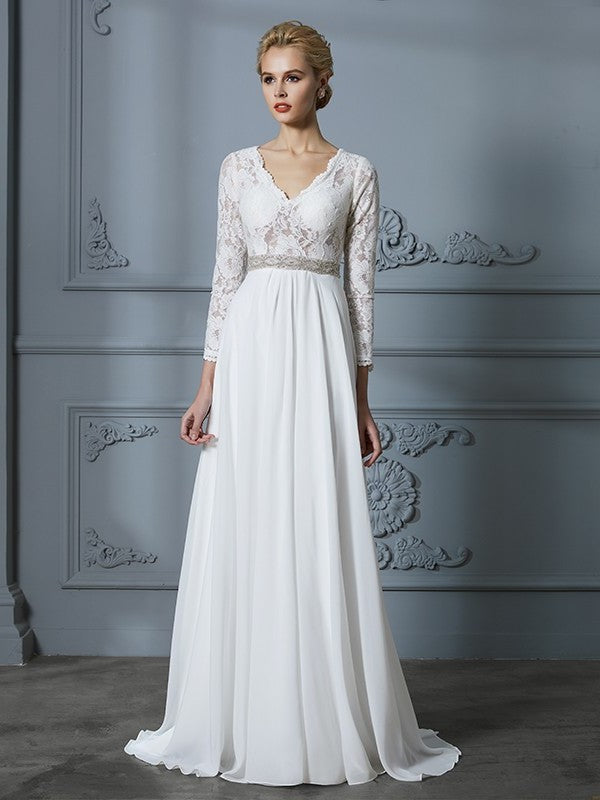 Lace V-neck Sweep/Brush A-Line/Princess Train Sleeves 3/4 Chiffon Wedding Dresses