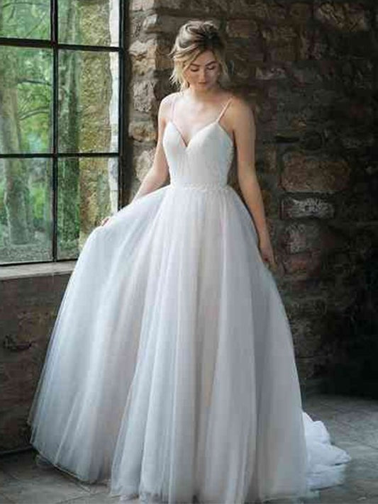 Straps Tulle Sweep/Brush Train Ruffles A-Line/Princess Spaghetti Sleeveless Wedding Dresses