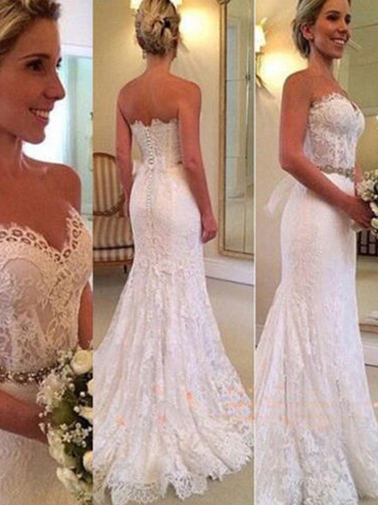 Sweep/Brush Sweetheart Sleeveless Train Trumpet/Mermaid Applique Lace Wedding Dresses