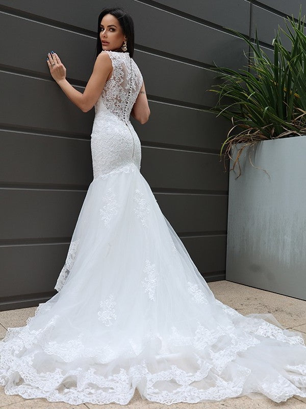 Trumpet/Mermaid Tulle Sweep/Brush Lace V-neck Sleeveless Train Wedding Dresses