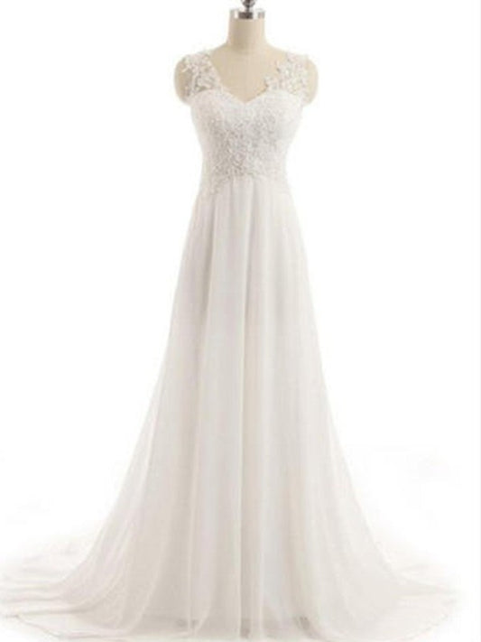 Sleeveless Sweep/Brush A-Line/Princess Lace V-neck Train Chiffon Wedding Dresses