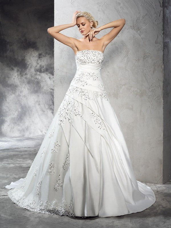 Long Ball Strapless Sleeveless Gown Beading Satin Wedding Dresses