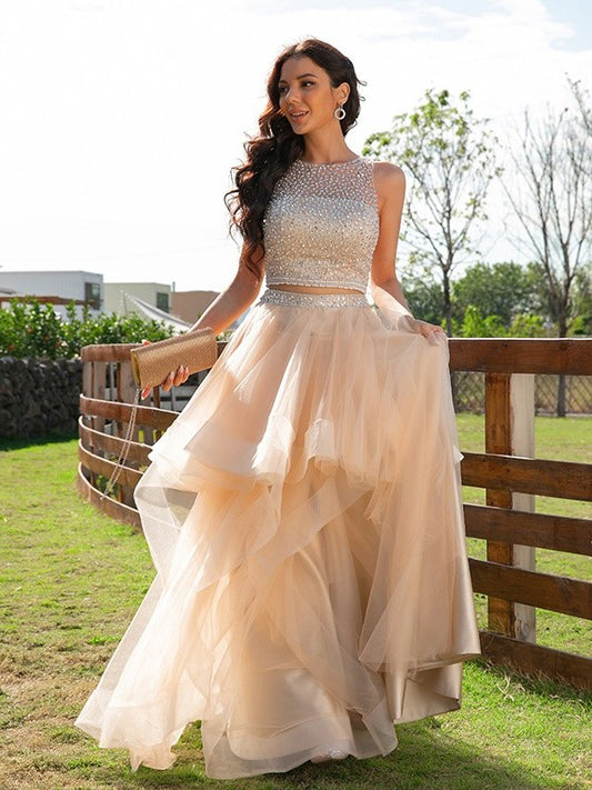 Sleeveless Beading Floor-Length Scoop Tulle A-Line/Princess Two Piece Dresses