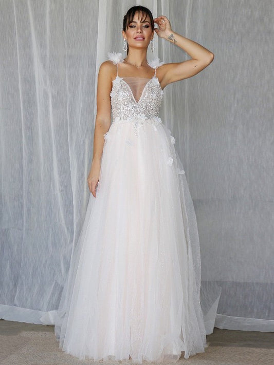 Beading A-Line/Princess Tulle V-neck Sleeveless Floor-Length Wedding Dresses