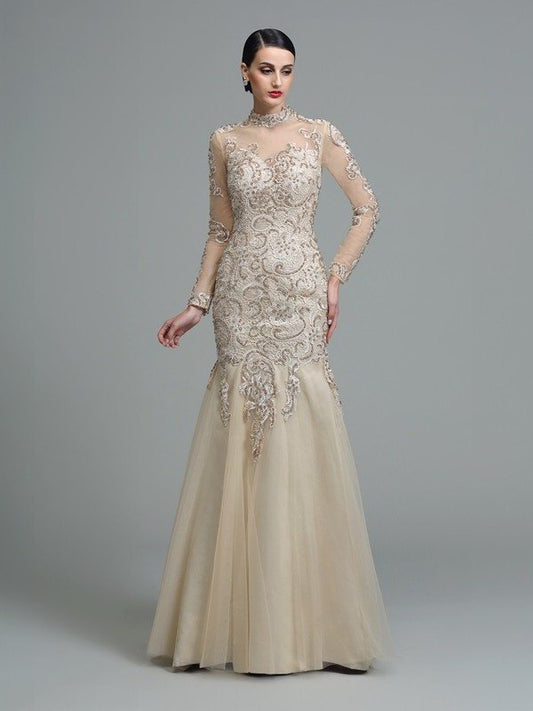 Sleeves Long High Sheath/Column Applique Neck Long Net Dresses