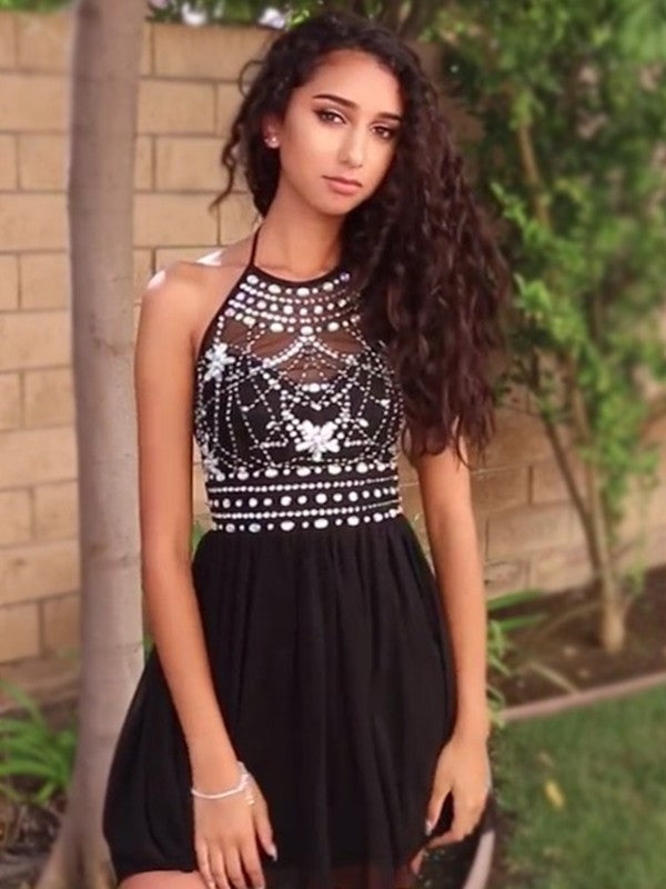 Halter Beading Sleeveless A-Line/Princess Chiffon Short/Mini Homecoming Dresses