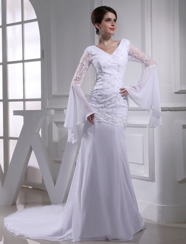 Trumpet/Mermaid Beading Chiffon V-neck Long Wedding Dresses