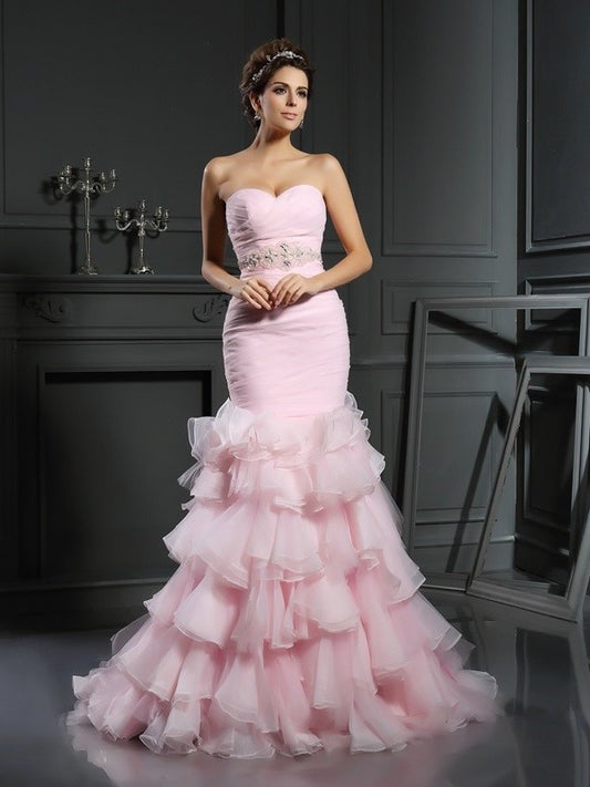 Trumpet/Mermaid Sleeveless Long Beading Sweetheart Organza Wedding Dresses