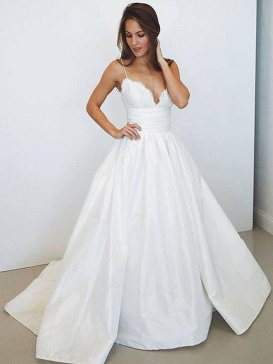 Satin Gown Sweep/Brush Spaghetti Sleeveless Ruched Ball Straps Train Wedding Dresses