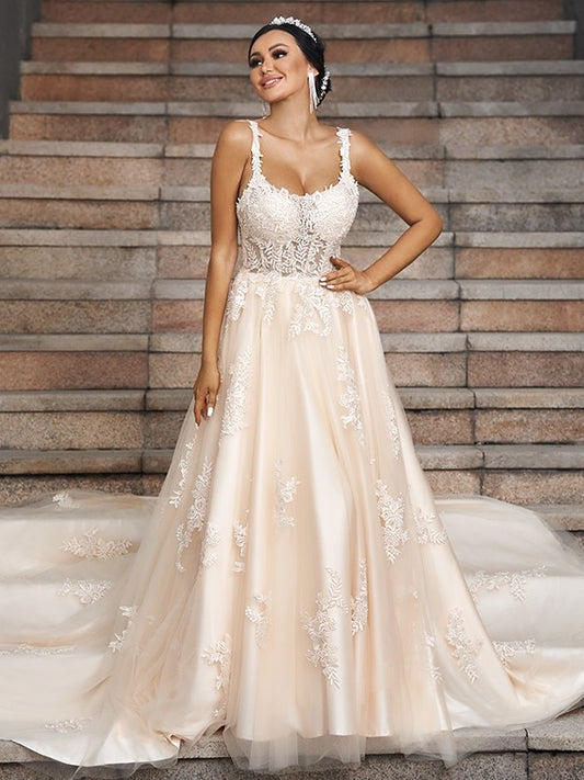 Sleeveless Applique A-Line/Princess Court Straps Tulle Train Wedding Dresses