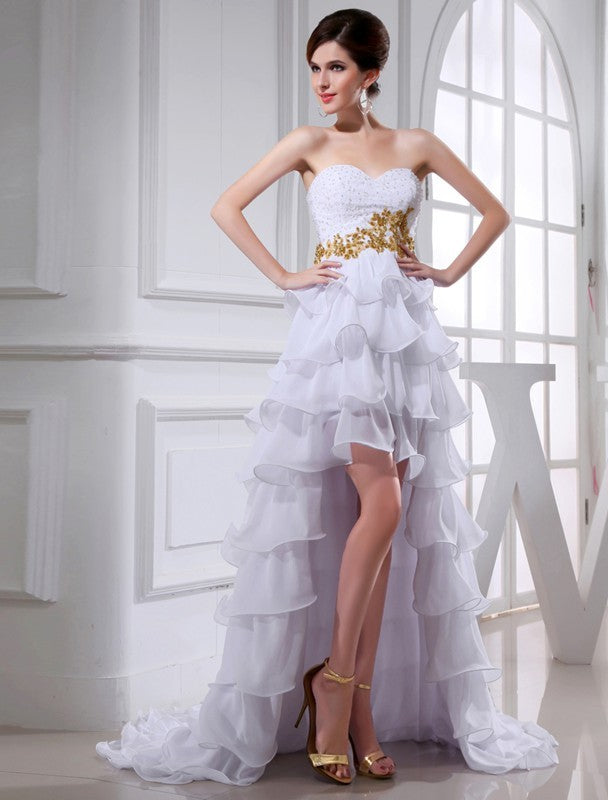 A-Line/Princess Beading Sweetheart Sleeveless High Homecoming Dresses Kaia Low Applique Chiffon Cocktail Dresses