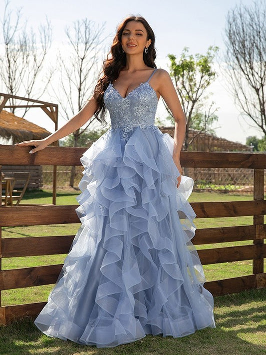 V-neck Tulle Applique A-Line/Princess Sleeveless Floor-Length Dresses