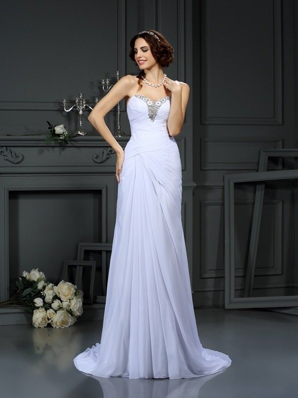 Sweetheart Beading Long Sheath/Column Sleeveless Chiffon Wedding Dresses