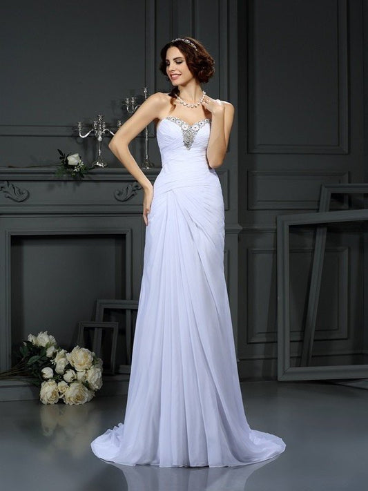 Sweetheart Beading Long Sheath/Column Sleeveless Chiffon Wedding Dresses